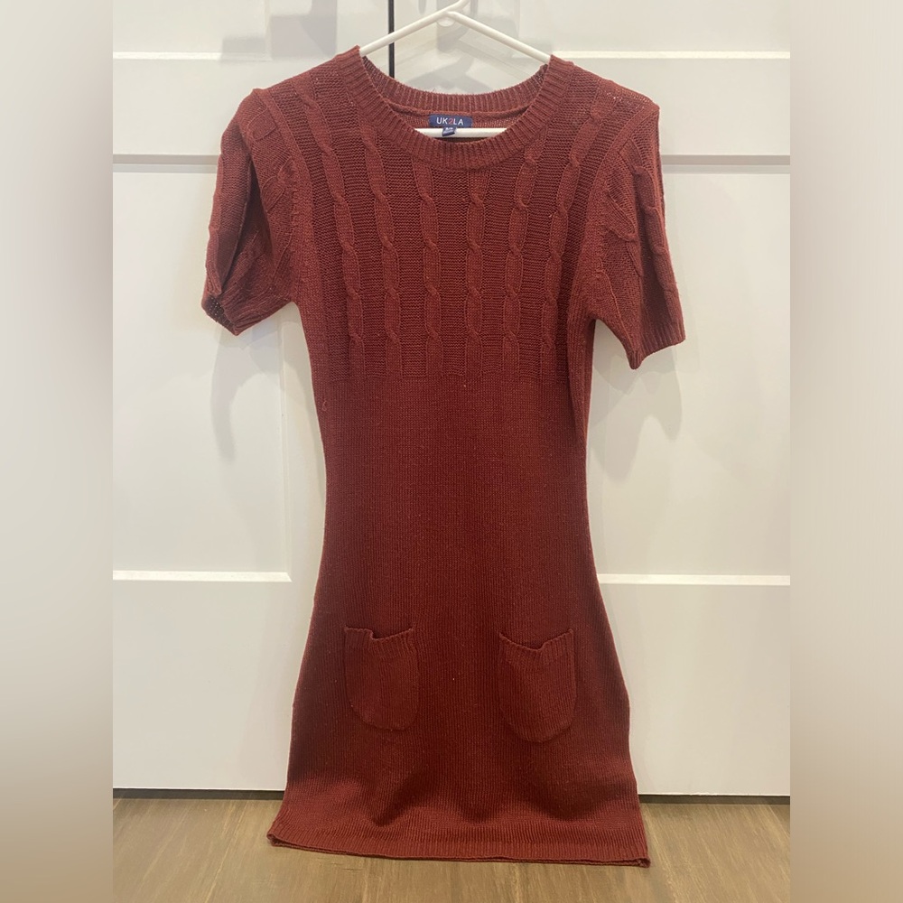 Red/Burgundy knit t-shirt dress.